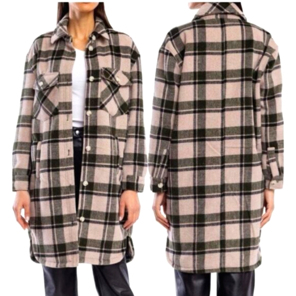 NWT Blank NYC Plaid Green Cream Button Front Wool Bland Shacket Long Jacket XS - Picture 3 of 9